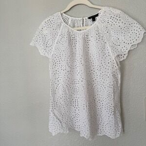 Banana Republic White Eyelet Lace Short Sleeve Blouse Scalloped Hem Top Large